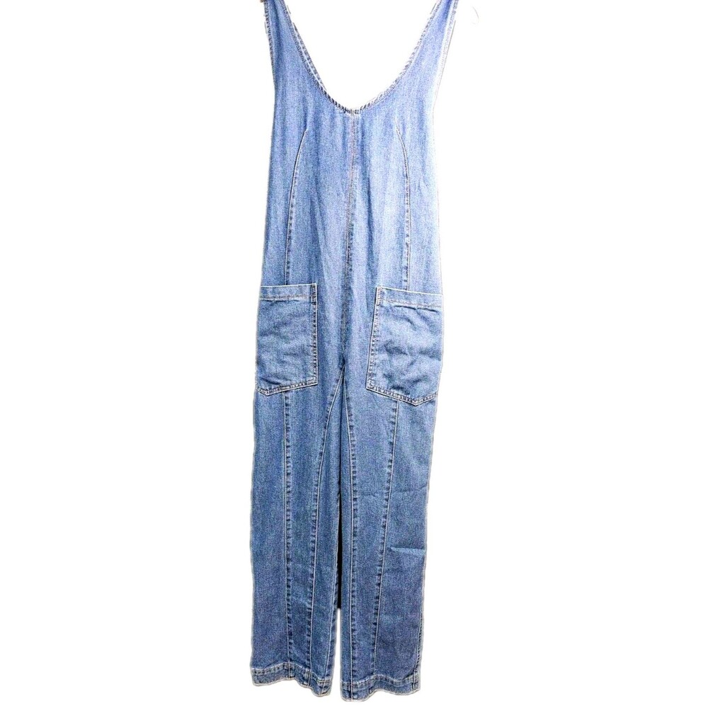 Happily Grey Denim Overalls Wide Leg Jumpsuit Utility Pockets Size S